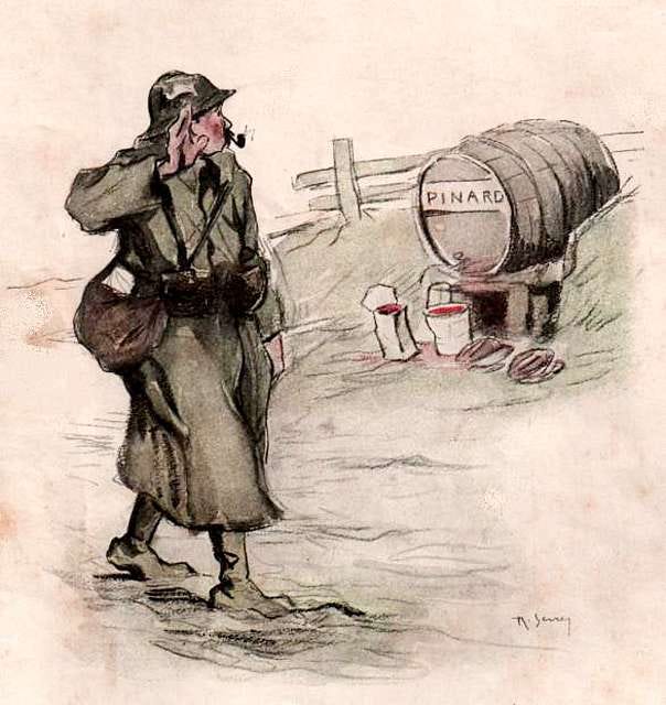A French poilu, smoking a pipe, salutes a barrel of PINARD as he marches past. The man has a slightly wistful look about him, possibly because some of the wine looks like it’s been spilt.