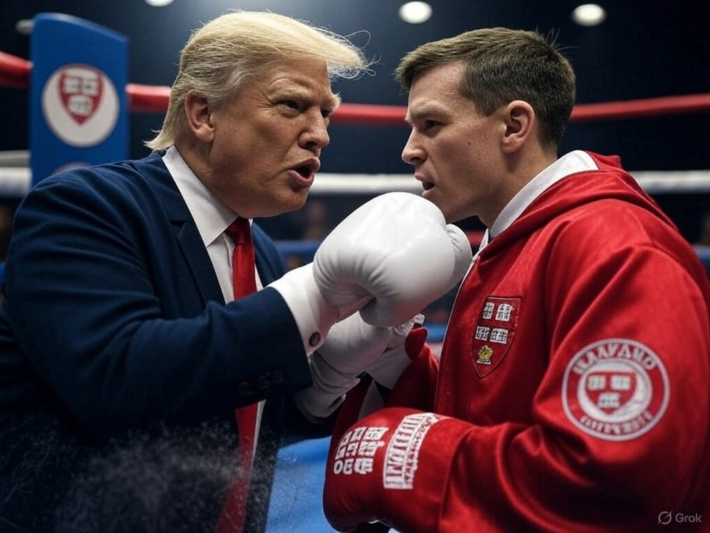 Trump with white boxing gloves against a boxer wearing a red Harvard robe and red Harvard boxing gloves