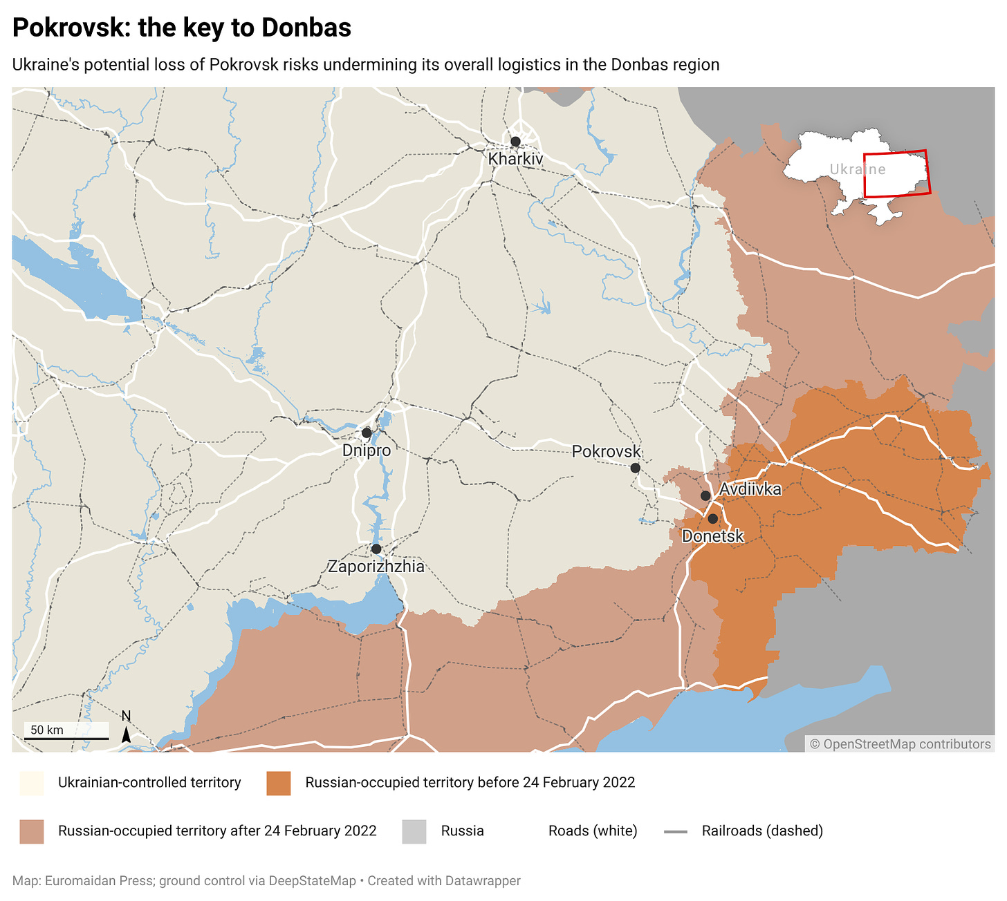 Pokrovsk, a key road and rail hub in Donbas, on a map