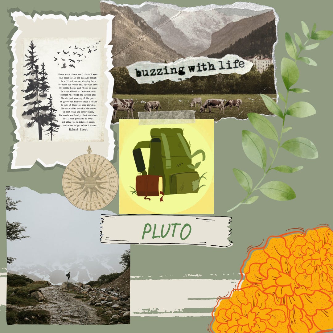 A moodboard with a greyish background. In the front there is an illustration of a green worn-down backpack with a name underneath it reading "Pluto". On top of that there is a field of grass with cows in a landscape near mountains with a slip of paper placed on top reading "buzzing with life". Next to that there is the poem "Stopping by woods on a snowy evening" by Robert Frost surrounded by trees and birds. Underneath that there is a compass and underneath that there is a person standing with a backpack on a cliffside. In the bottom right corner there is art of a Marigold. To the right there is a branch of leaves. The images all appear like paper cutouts.