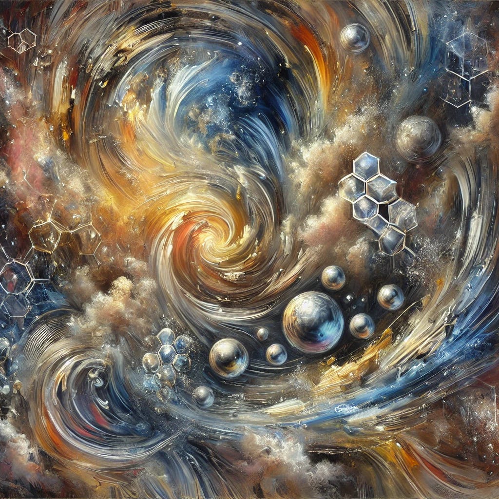 An abstract oil painting with thick, expressive brush strokes, representing the hidden presence of undiscovered chemical elements in a mysterious, fluid composition. The painting features swirling metallic hues of gold, silver, and iridescent blues, symbolizing heavy metals and lanthanides. Dynamic, glowing structures appear to self-assemble within the composition, evoking a futuristic and enigmatic atmosphere. The overall effect is dreamlike and thought-provoking, with a deep sense of complexity and hidden meaning.