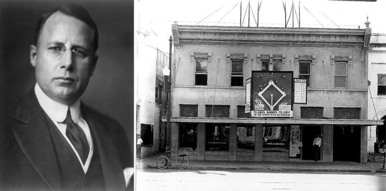 Attached is a photo of James Cox next to the Miami Metropolis building of 1923 located on Flagler Street. Attached is a photo of James Cox next to the Miami Metropolis building of 1923 located on Flagler Street.