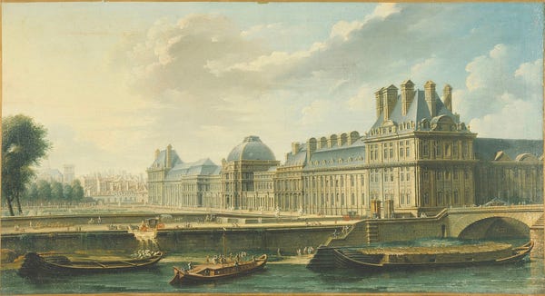 The Tuileries had belonged to the imperial house of France since it was built for Catherine de Medici in 1564, directly in front of the Louvre. The palace was destroyed in 1871. Painting circa 1757. Source.