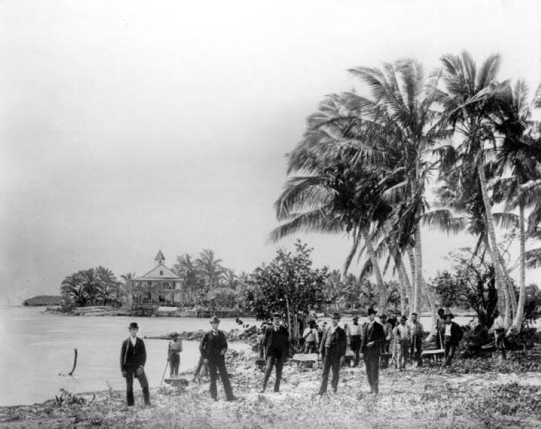 John Sewell and his crew on the north bank of the Miami River in March of 1896. 