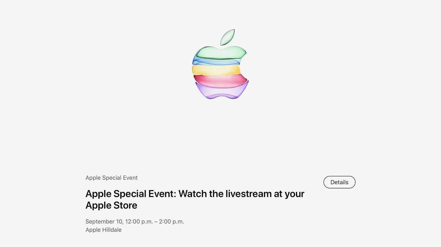 A screenshot of the Today at Apple webpage taken in 2019 showing the upcoming session: "Apple Special Event: Watch the livestream at your Apple Store"