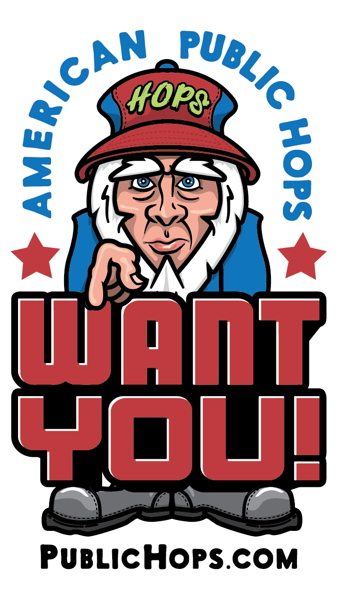 Cartoon Uncle Sam says American Public Hops Want You!
