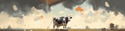 Midjourney: funny, artful, a cow being pulled around by a tornado with a chat bubble saying this is fine --ar 4:1 --v 5.1