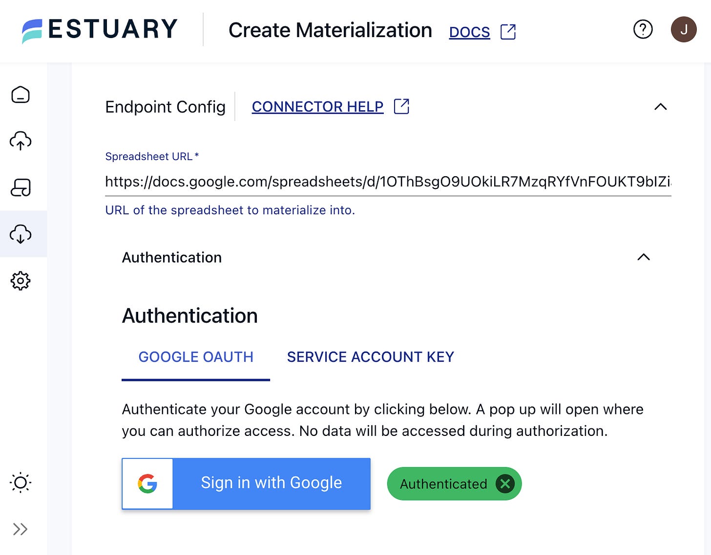 gpt real time pipeline - creating Estuary google sheets materialization