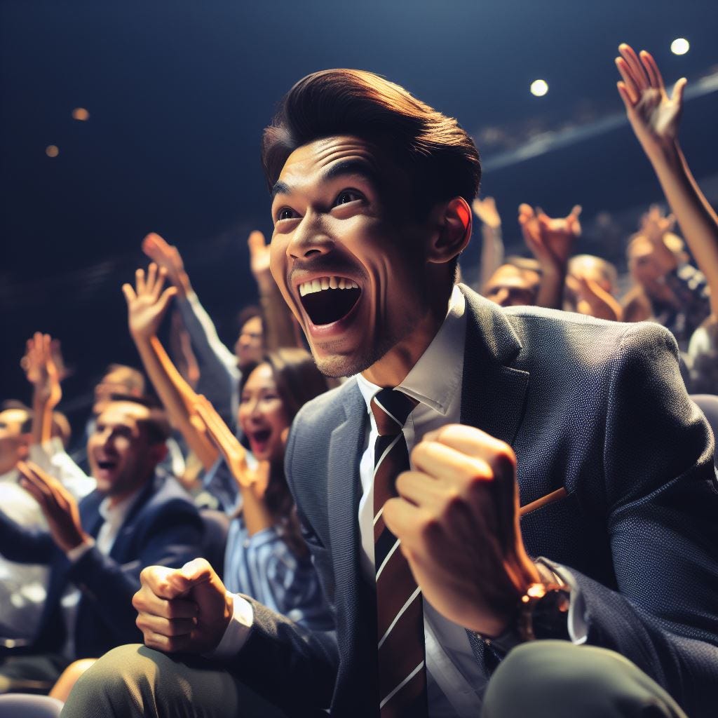 an excited person on the edge of their seat waiting for the results of an important show