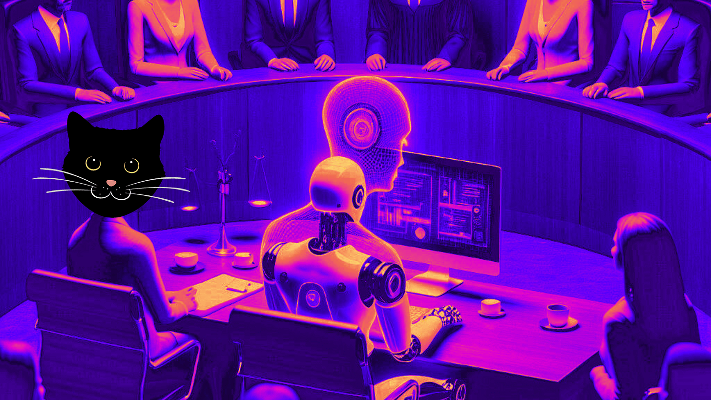 Image of robot defendant in a court house and humanoid cat lawyer