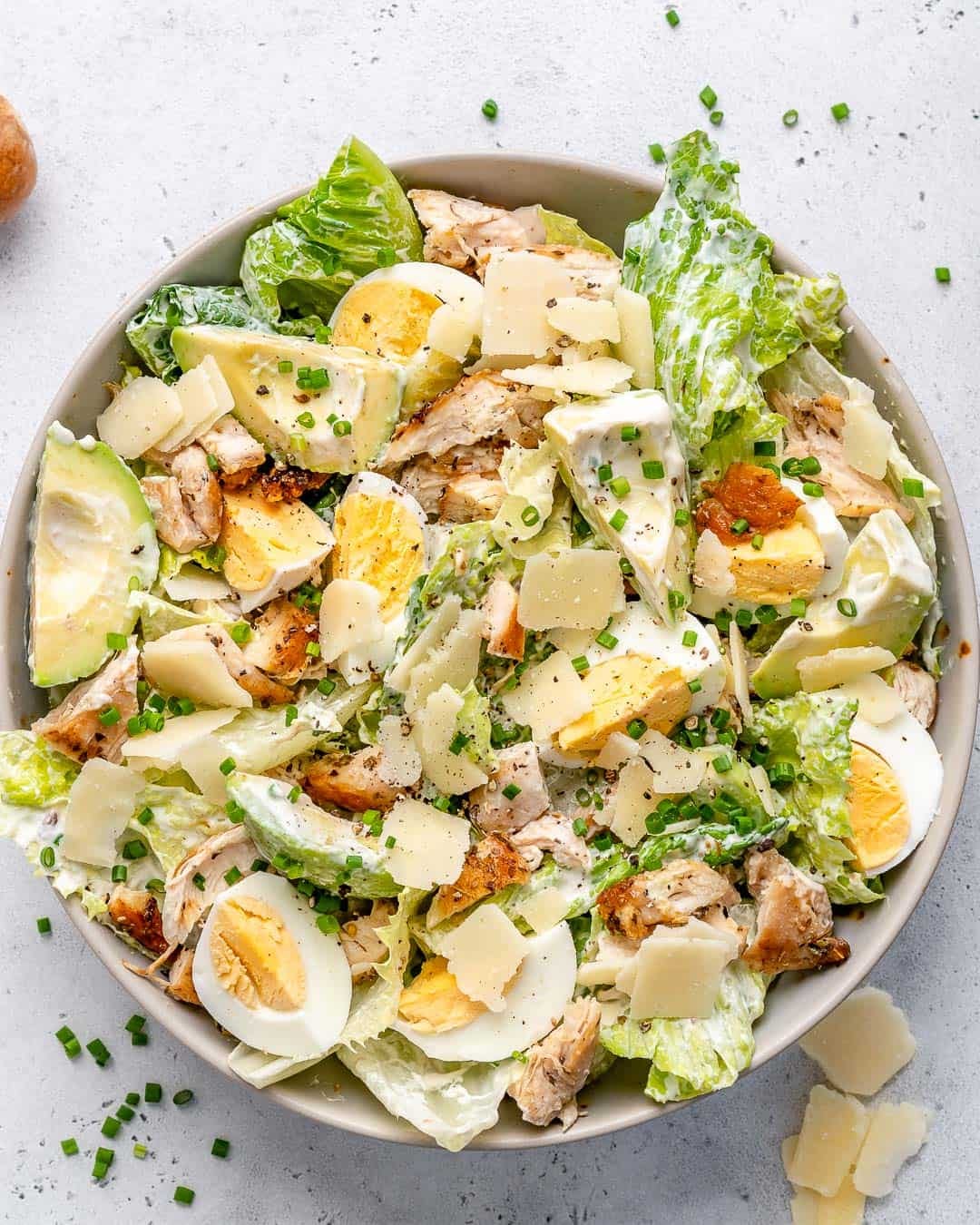 top view chicken salad in a white bowl