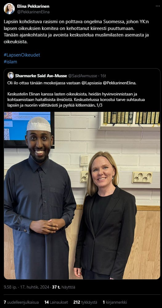 Finland's children's ombudsman met, was impressed by and praised a radical Salafist Imam.