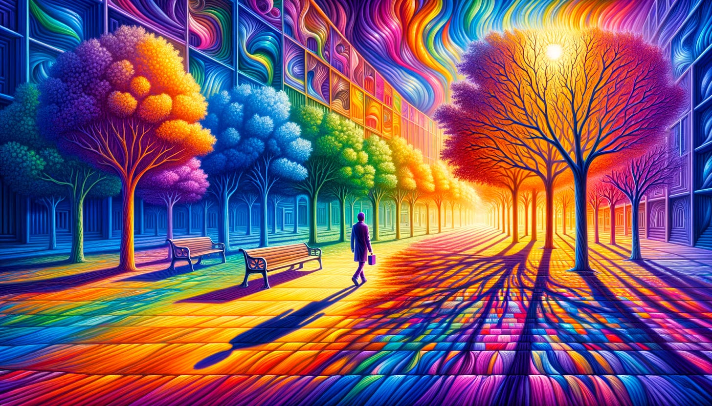 A vibrant, surreal scene depicting the essence of synesthesia, with the months of the year flowing through all the hues of the spectrum in the background. In the foreground, a person is walking through a park or street during a bright day. Instead of normal shadows, their shadow and the shadows of the surroundings (trees, benches, buildings) are cast in an array of vivid colors representing different times of the day. The morning is represented by golden light, noon by vibrant orange, evening by crystal blue, and night by deep violet. The colors of the shadows transition smoothly, creating a contrast between the normal daylight scene and the colorful, synesthetic interpretation of time.