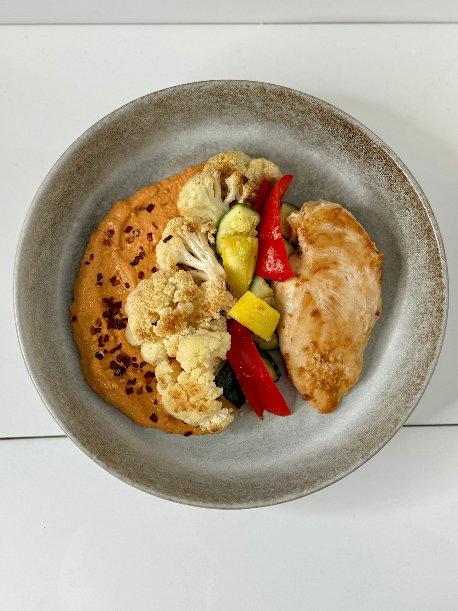 Romesco sauce with roasted chicken and veggies