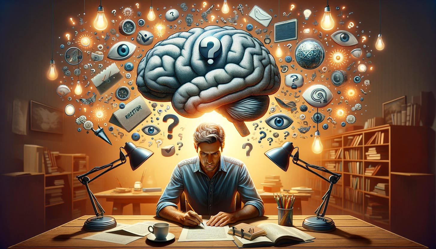 A widescreen hero image for a blog post about the challenge of making text 'reader-proof'. The image depicts a writer, a Caucasian male, at his desk in deep thought, surrounded by floating symbols like question marks, light bulbs, and eyes, representing reader assumptions, attention, and interpretation. Above him, a large, semi-transparent brain symbolizes the mental processes in writing and reading. The scene is a mix of focused concentration and creative chaos, highlighting the tension between the writer's intent and the reader's interpretation. The setting is warmly lit, evoking the intellectual and creative effort involved in writing.