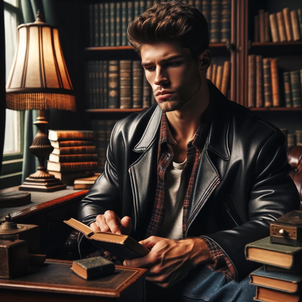 A masculine young man inspired by the character Will from 'Good Will Hunting' is sitting in a well-decorated, intellectual room. He's deeply absorbed in reading a book, with a strong, focused expression. The room reflects a classic academic ambiance, with dark wooden bookshelves, antique books, and a vintage desk lamp casting a soft light. He's dressed in a rugged, 1990s Boston style, perhaps with a leather jacket or flannel shirt. The overall scene emphasizes a blend of rough masculinity and intellectual depth, reminiscent of the movie's atmosphere.