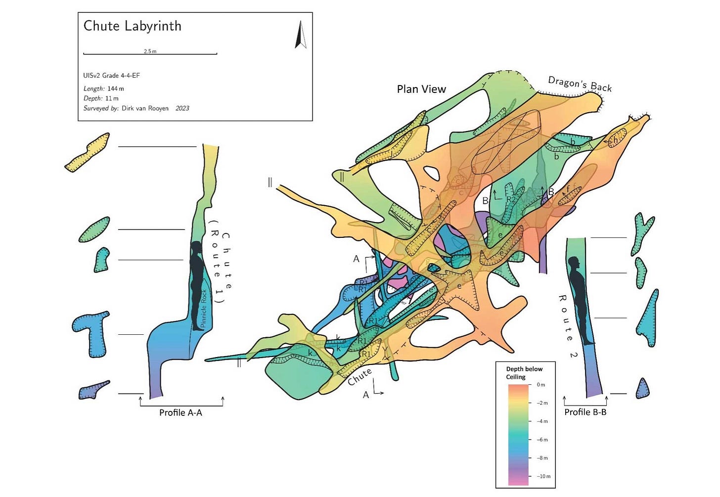 A map showing depth and open spaces through the complex Chute Labyrinth. Two profile views show the size of routes that humans can pass through, with a human figure for scale. A map showing depth and open spaces through the complex Chute Labyrinth. Two profile views show the size of routes that humans can pass through, with a human figure for scale.
