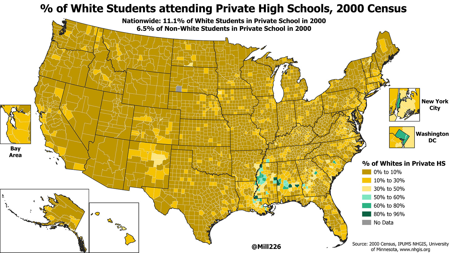 r/MapPorn - Percentage of White Students Attending Private High Schools, 2000 Census