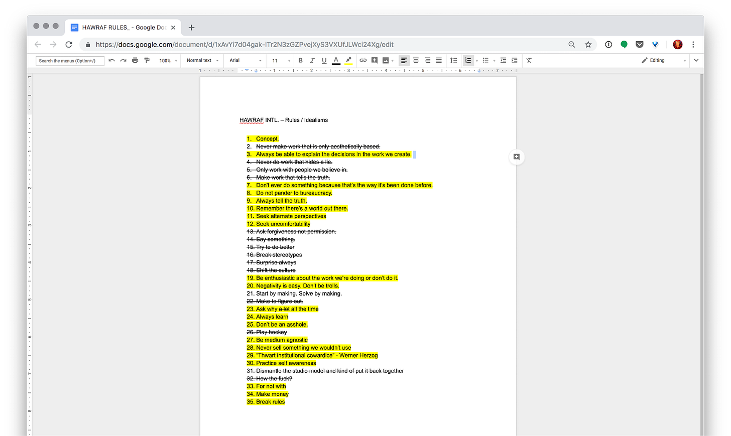 A Google Doc titled "HAWRAF RULES – Rules / Idealisms," listing statements like "Always tell the truth," "Seek alternate perspectives," "Be enthusiastic about the work we’re doing or don’t do it," and "Make money, break rules." Several items are highlighted in yellow for emphasis.