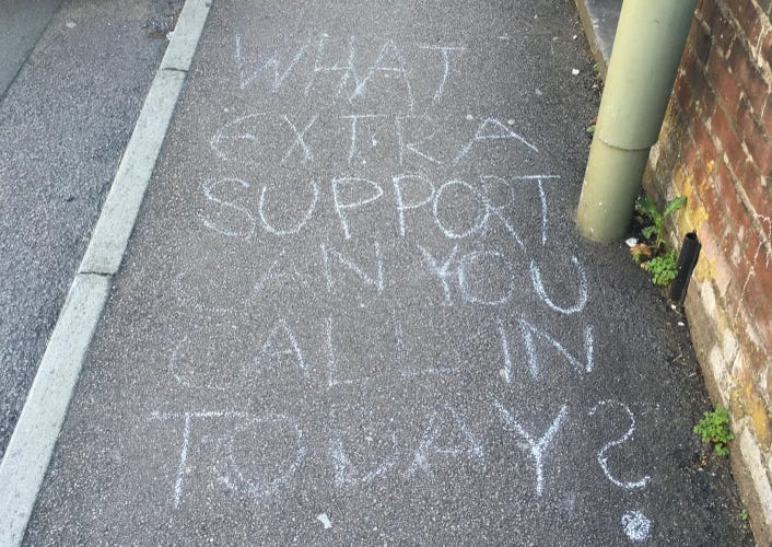Chalk on the pavement reading 'What extra support can you call in today?'