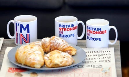 Croissants and remain mugs in a TV studio before a visit by David Cameron on 16 June 2016.
