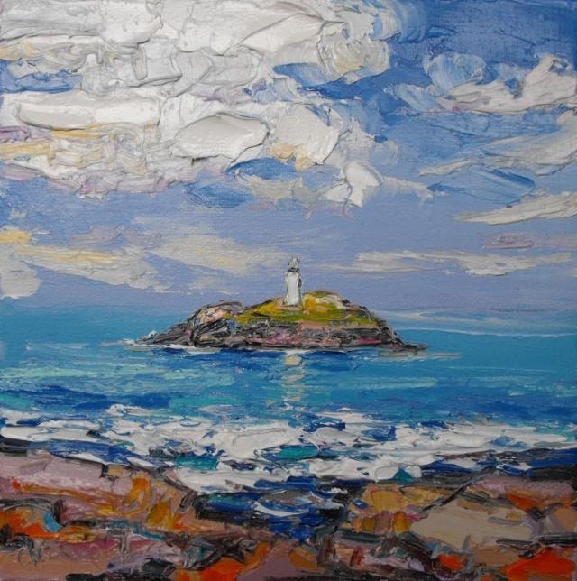 Godrevy Lighthouse, de Judith Bridgland, com nuvens no céu, uma ilha no centro e nela um farol, em volta o mar