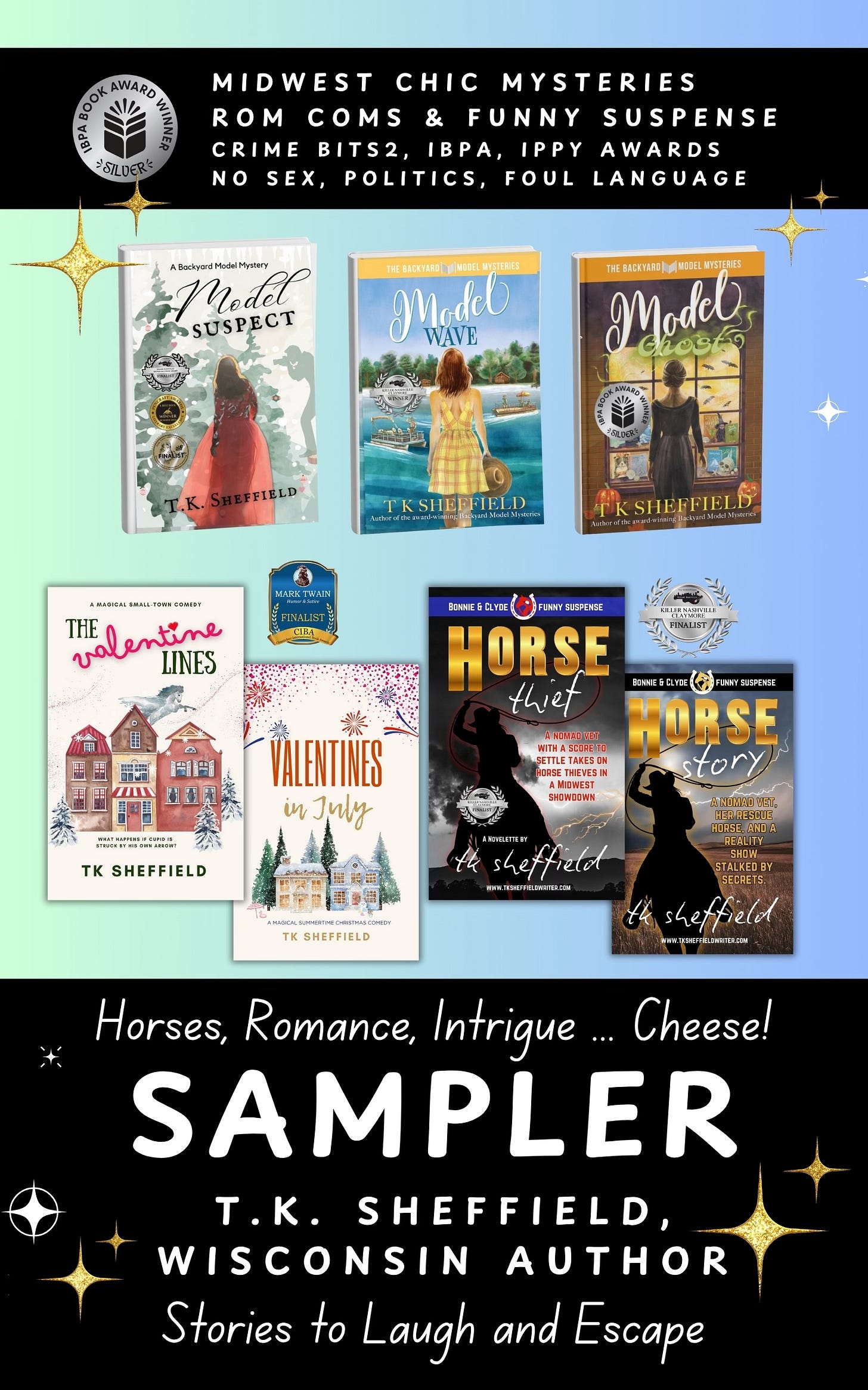 Book Sampler of stories by TK SHEFFIELD. The cover features upcoming books and news about rom coms, mysteries and suspense. Book Sampler of stories by TK SHEFFIELD. The cover features upcoming books and news about rom coms, mysteries and suspense.