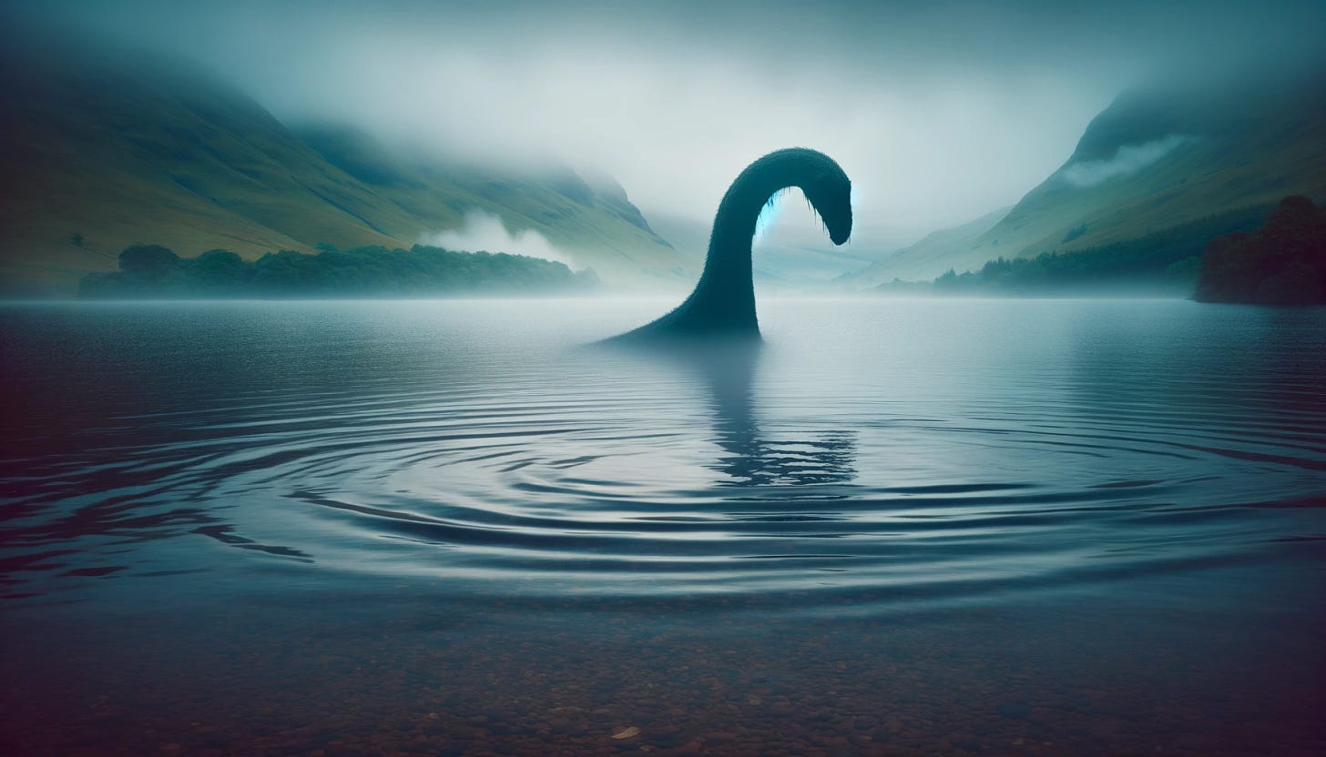 Create an imaginative image of a Loch Ness monster sighting. The setting is the misty and mysterious Loch Ness in Scotland, with rolling green hills in the background and a calm, deep blue lake. In the foreground, a large, shadowy figure resembling a classic sea serpent or dinosaur emerges partially from the water, creating ripples. Its head and neck are visible above the water, with a long, curved neck and a small head. The atmosphere is eerie and mysterious, with fog partially obscuring the scene and soft, diffused lighting.