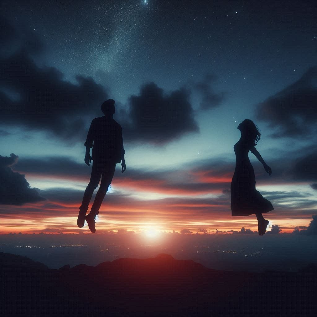 a man and a woman in silhouette floating above the ground with a sky at dusk as the background