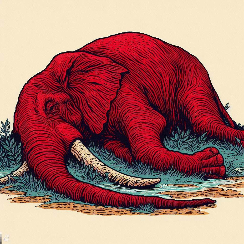dying red elephant, 1900-style illustration, colored linocut