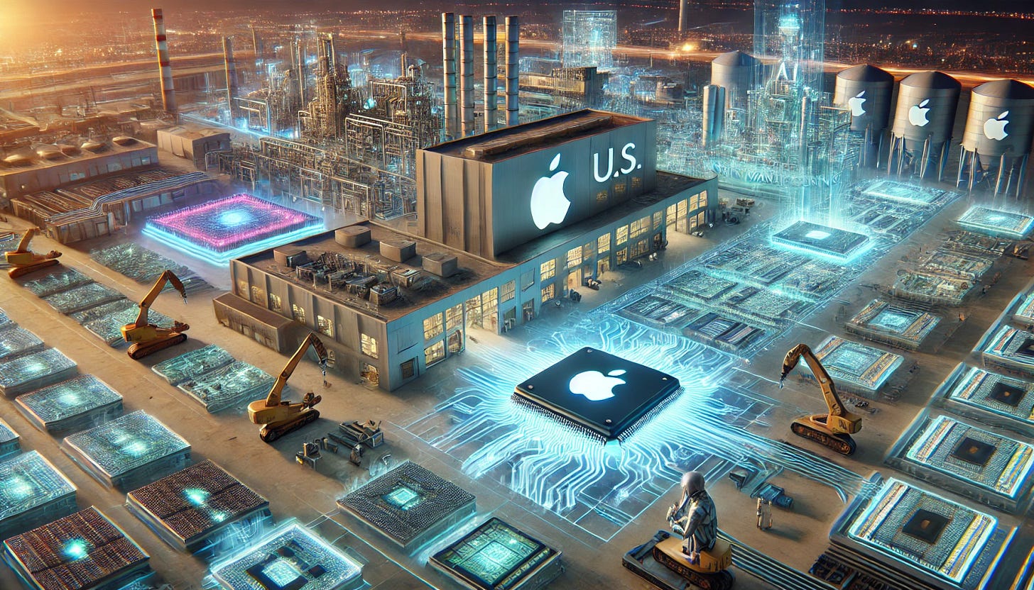 A 16:9 futuristic illustration showcasing Apple’s historic $500 billion U.S. investment in AI, silicon engineering, and advanced manufacturing. The scene features a massive, high-tech Apple-branded facility in Texas, where engineers and robotic systems assemble cutting-edge AI servers. Glowing semiconductor wafers and Apple’s custom silicon chips are displayed on holographic interfaces, symbolizing innovation. In the background, a futuristic U.S. industrial landscape highlights Apple’s commitment to domestic technology expansion. Vibrant data streams flow between AI-powered devices, emphasizing the impact of 'Apple Intelligence' on next-generation computing.