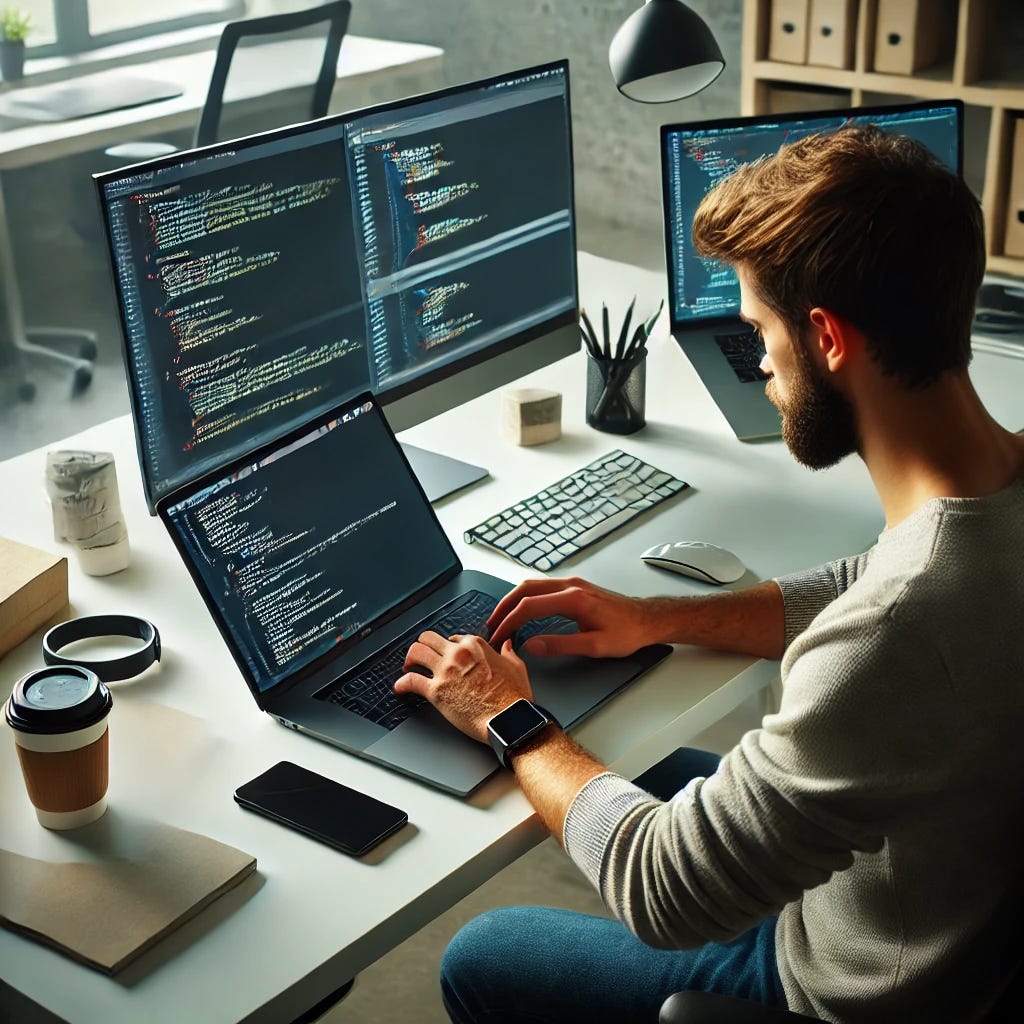 A tech person writing a blog at a modern desk, surrounded by technology such as a laptop, smartphone, and coding monitors. The scene is set in a clean, minimalist office environment with natural lighting coming through a large window. The person is deeply focused, typing on the keyboard, with coffee cup nearby. The desk has a few papers and gadgets like a smartwatch. The atmosphere is creative and productive.