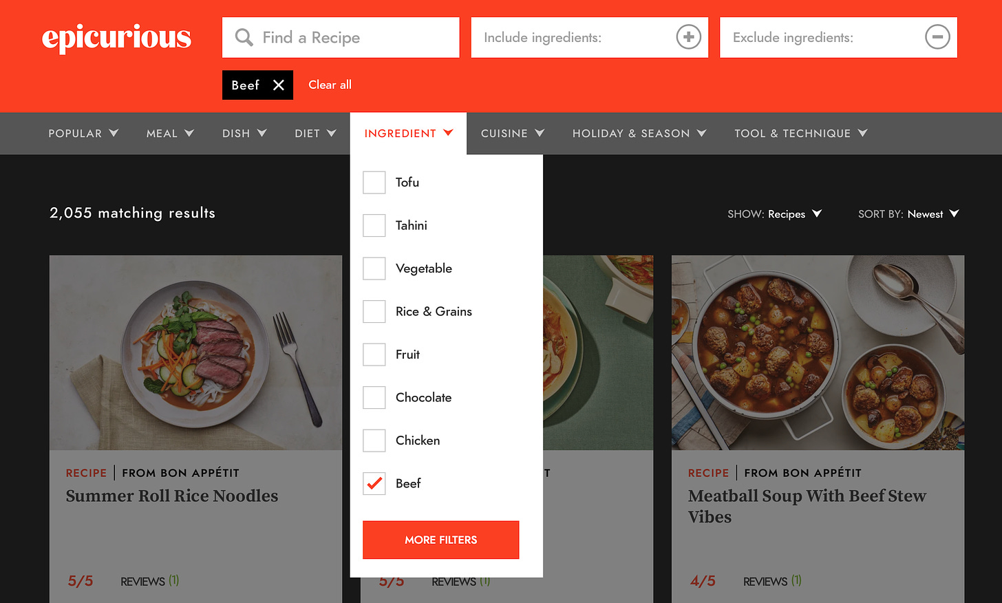 A screenshot of the Epicurious recipe search page. A red banner with the name Epicurious is at the top. A white drop-down menu that filters by ingredients covers the middle of the page, and there is  a checkmark next to the word “beef.” Behind the drop-down menu are three photos of recipes set against a black background. The recipe to the left says “summer roll rice noodles” with a photo of sliced steak, carrot slivers, and snap peas on a white plate, with a metal fork to the right. The recipe on the right says “meatball stew with beef soup vibes” and has a photo of two white bowls of meatball soup, with a spoon on the right. The drop-down menu covers the middle recipe.