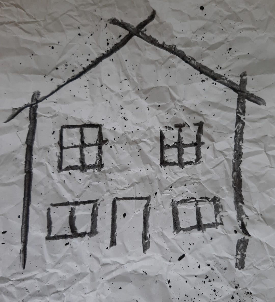 A charcoal line drawing of a house
