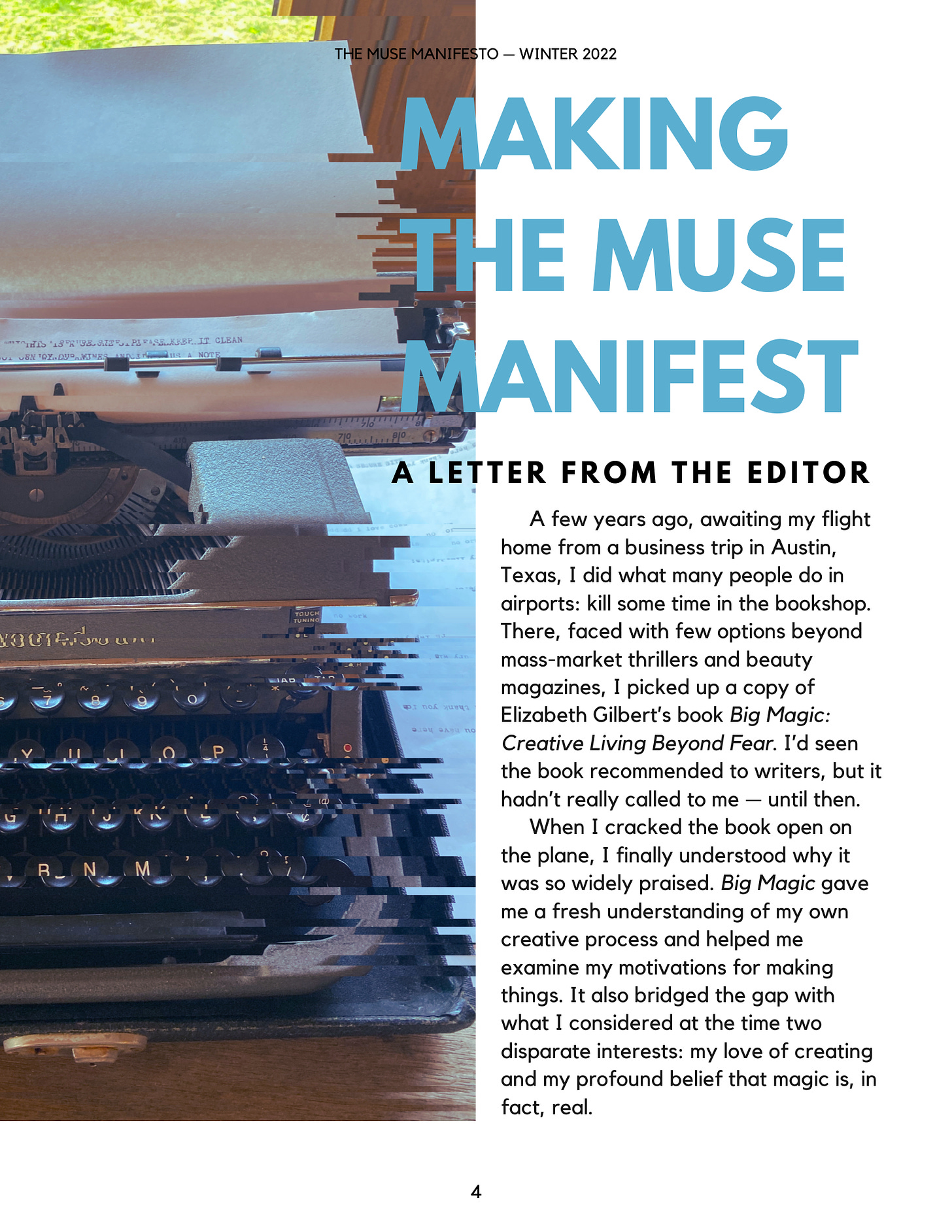 A page of the zine "A letter from the editor" with a glitchy photo of a typewriter
