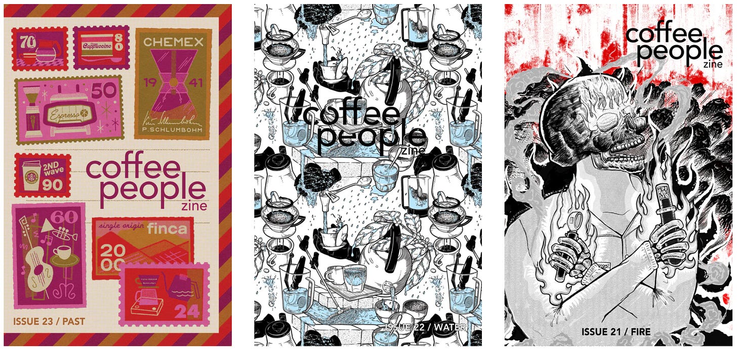 Side by side cover art from the Coffee People Zine.