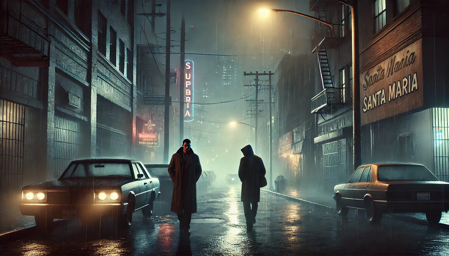 A rainy night in the Suburbia District of Santa Maria. The streets are dimly lit by sparse streetlights, their glow reflecting off the wet pavement. In the foreground, two figures walk through the rain—a tall man with a trench coat, his face partially shadowed, and a shorter woman in a worn leather jacket, her hood pulled over her head. The atmosphere is heavy with mist, and the neon signs of distant storefronts flicker weakly. The alleys are lined with abandoned cars and crumbling buildings, giving the scene a sense of quiet desolation. The city skyline looms in the background, partially obscured by rain and darkness.