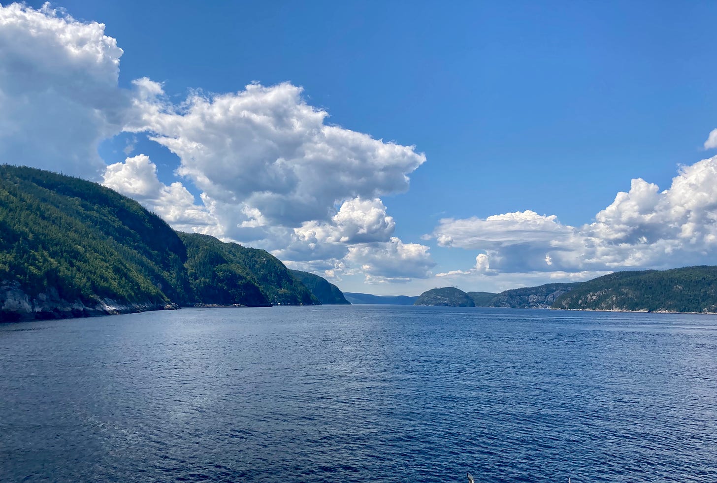 A wide view of the Saguenay River between two high green banks. The sky is blue with large clouds.