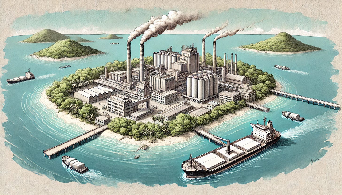 Aerial view of an island with a paper factory in ink and wash style. The factory has smokestacks and large buildings surrounded by greenery and trees, illustrated with detailed ink outlines and subtle watercolor washes. A cargo ship near the shore is being loaded with paper. The ocean around the island is calm and blue. A small dock extends from the island to the ship. The sky is clear with a few clouds.