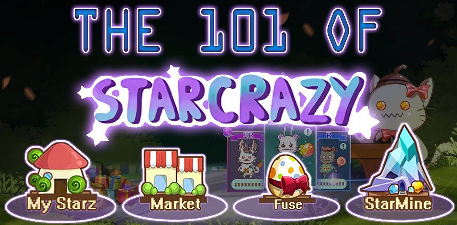 StarCrazy graphic: The 101 of StarCrazy, showing My Starz, Market, Fuse, and StarMine images