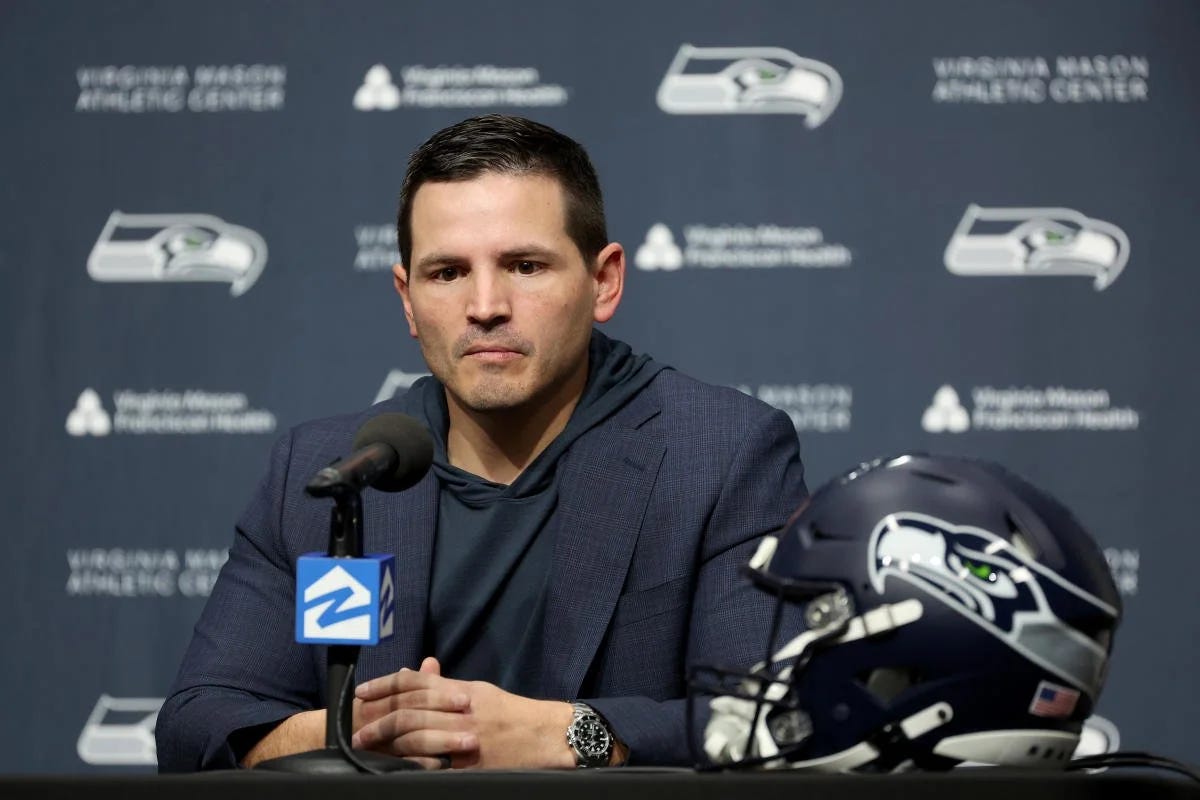 Mike Macdonald speaks to the media as he is named the new head coach of the Seattle Seahawks on Feb. 1, 2024. (Steph Chambers/Getty Images)