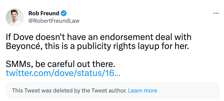 A screenshot of a tweet from a lawyer pointing out that Dove doesn't have the rights to use Beyoncé's likeness
