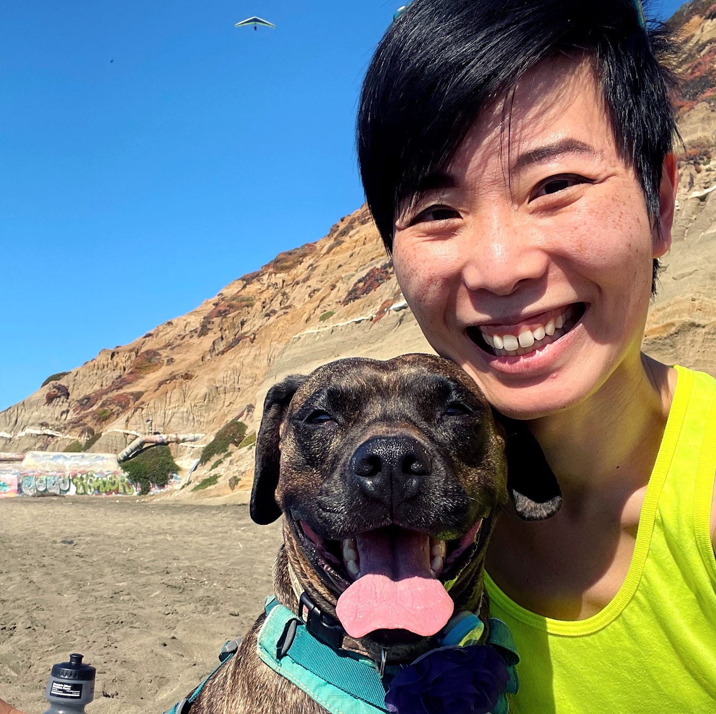 brindle dog with floppy ears grinning at camera next to an east asian woman with a pixie haircut & highlighter yellow tank top