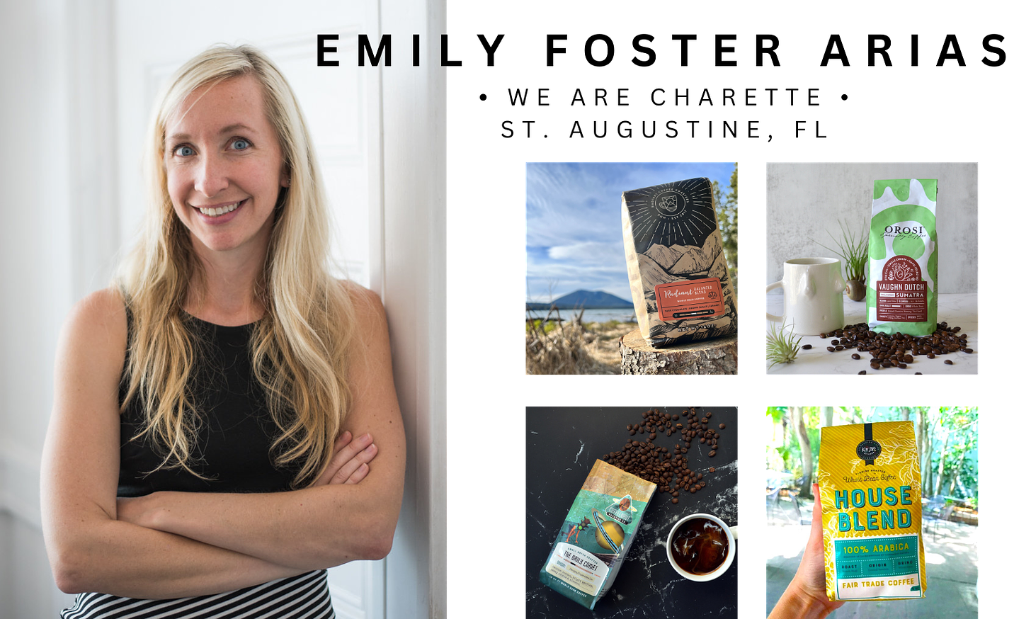 A blond woman wearing a black tank top with her arms crossed smiles at the camera on the left. On the right is are 4 individual coffee bag design lifestyle photographs in squares.