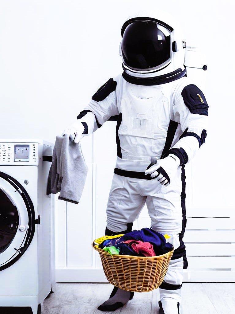 An AI-generated image in a photorealistic style of an astronaut holding a laundry garment, standing next to a washing machine, with a filled laundry basket flaoting at knee-level.