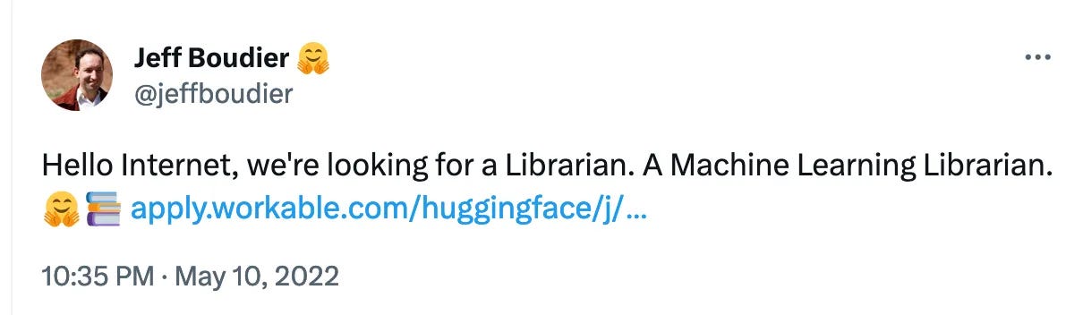 A screenshot of a tweet advertising a new role for a machine learning librarian