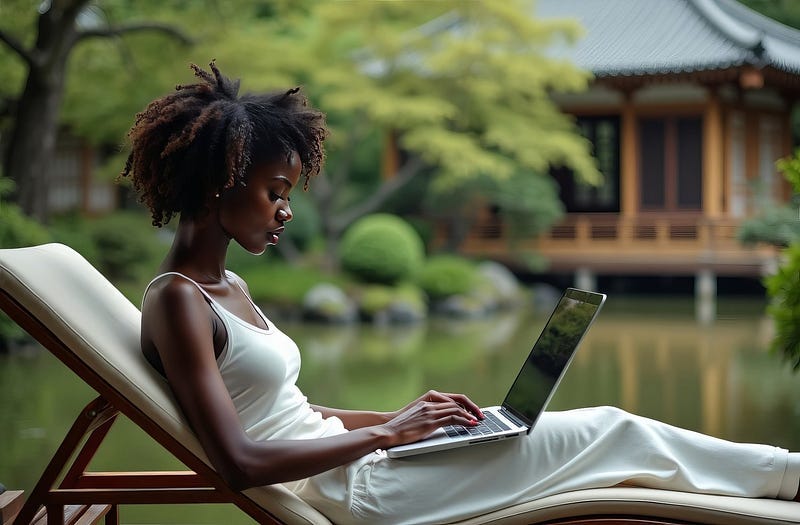 African woman sitting on a deck chair in a Japanese garden typing on her MacBook Pro.