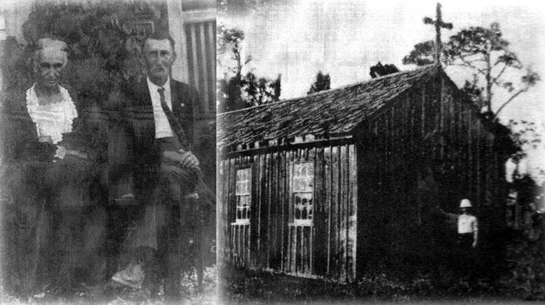 Rose and Adam Richards (left), and the Catholic Church chapel on the Wagner property where the couple got married (right).