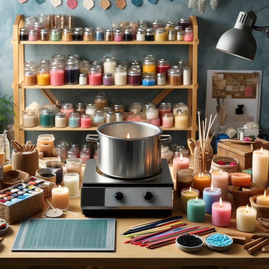 An inspiring image of a home-based candle making workshop. The scene includes a well-organized workspace with a wax melter, pouring pots, and various candle making supplies like wicks, scents, and colorful wax. The background features shelves filled with beautifully crafted candles in jars and tins, showcasing a variety of colors and sizes. This setup represents a small but thriving candle business, emphasizing creativity and entrepreneurship in a cozy, inviting environment.