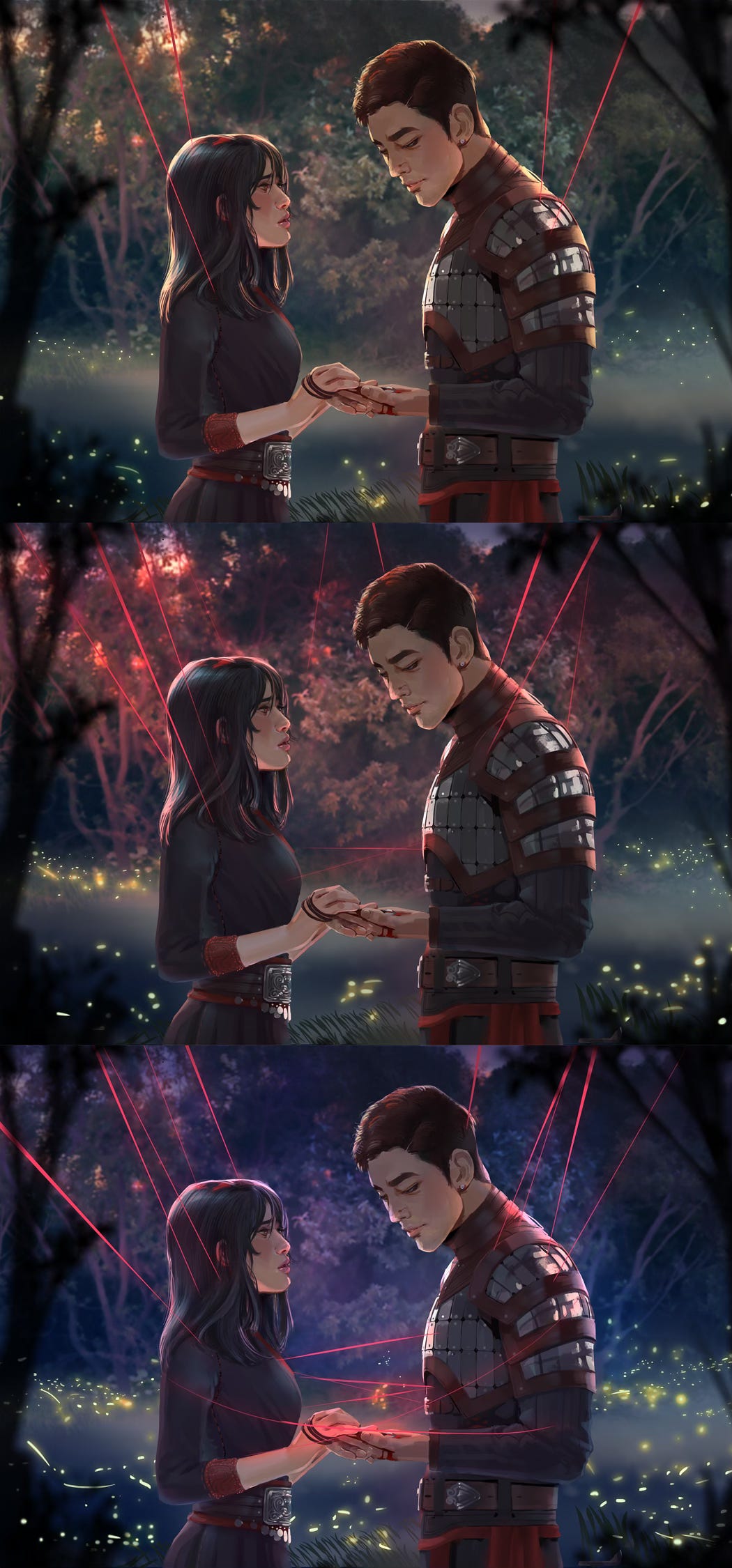 A three panel illustration showing Iseult and Aeduan in a clearing with fireflies. In teh first panel, it's sunset and a few red Threads wrap around them. In the second panel, it's later and there are more fireflies and more Threads. In the final panel, there are lots of fireflies, lots of Threads, and it is night.